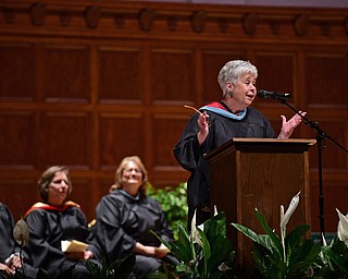 YOUNGSTOWN, OHIO - MAY 27, 2018: Principal Emeritus Patricia Fleming gives the commencement address during the Ursuline High School graduation ceremony, Sunday afternoon at Stambaugh Auditorium. DAVID DERMER | THE VINDICATOR