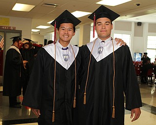 Valedictorians Ethan Vo (left) and Anthony Iarussi pose for a picture before the start of the Struthers High School Commencement on Sunday afternoon.   Dustin Livesay  |  The Vindicator  5/27/18  Struthers.