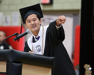Struthers High School graduate Ethan Vo points to his family in the audience during his Valedictorian speech during the Struthers High School Commencement on Sunday afternoon.   Dustin Livesay  |  The Vindicator  5/27/18  Struthers.