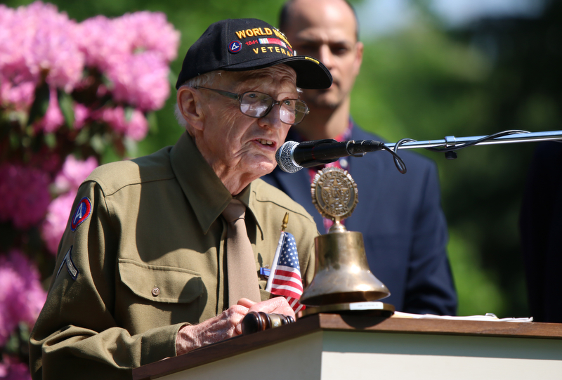 World War II Veteran Howard "Howdy" Friend addresses the crowd gathered at the Riverside Cemetary for a Memorial Day Service in Poland. Dustin Livesay  |  The Vindicator  5/28/18 Poland