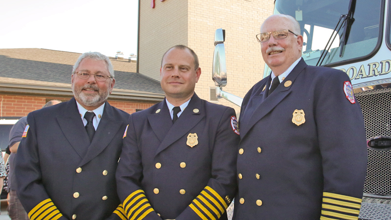Boardman fire chiefs past and present — Jim Dorman, left, Chief Mark Pitzer and George Brown — attended Tuesday’s opening of the township’s new $3.6 million station No. 71 on Market Street next to Stadium Drive.