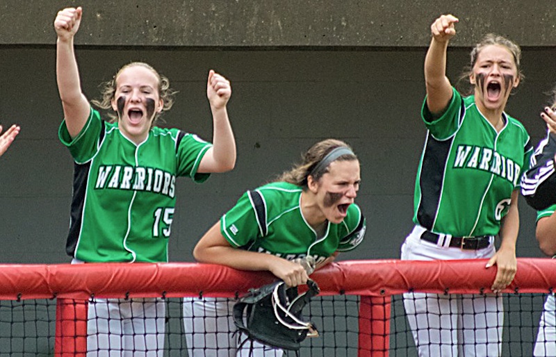 Members of the West Branch softball team celebrate as the Warriors score a run in the fifth inning of a Division II regional semifinal at Firestone Stadium in Akron on May 23.