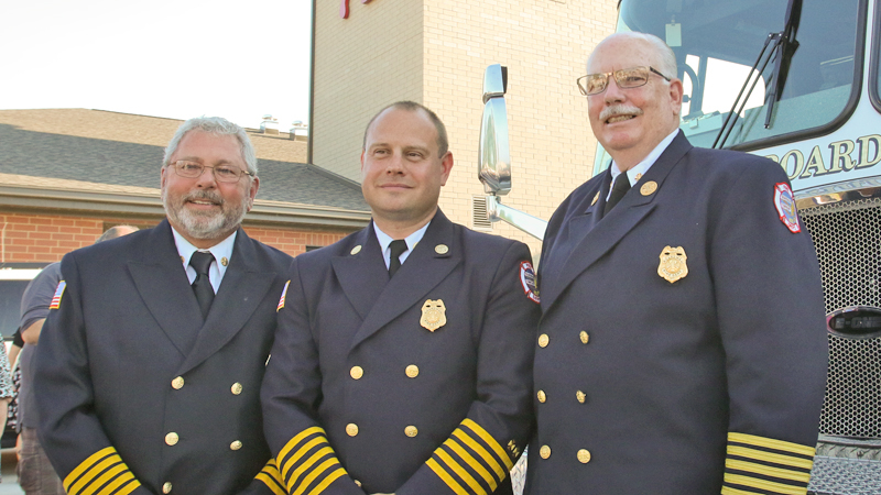 ROBERT K YOSAY  | THE VINDICATOR..Boardman newest firestation #71 on Market Street next to Stadium Drive ..Cheifs Row.. Jim Dorman Mark Pitzer and George Brown.-30-