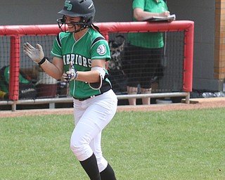 ROBERT K YOSAY  | THE VINDICATOR..West Branch Warriors - defeated Jonathan Alder Pioneers  - 5-4 where the lead changed hands several times ..#17  Kylie Coffelt  starts clapping as she heads for home after her home run that put WB  ahead ..-30-