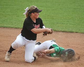 ROBERT K YOSAY  | THE VINDICATOR..West Branch Warriors - defeated Jonathan Alder Pioneers  - 5-4 where the lead changed hands several times ..ALders Emily Walker catches the ball - and puts the tag on WB  #22 Delaney Rio who was out at second\..-30-