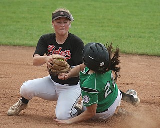 ROBERT K YOSAY  | THE VINDICATOR..West Branch Warriors - defeated Jonathan Alder Pioneers  - 5-4 where the lead changed hands several times ..ALders Emily Walker catches the ball - and puts the tag on WB  #22 Delaney Rio who was out at second\..-30-