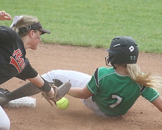 ROBERT K YOSAY  | THE VINDICATOR..West Branch Warriors - defeated Jonathan Alder Pioneers  - 5-4 where the lead changed hands several times ..WB  Grace Heath gets into second as  Emily Walker drops the tag.].-30-