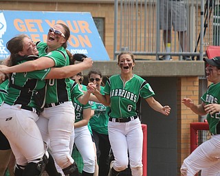 ROBERT K YOSAY  | THE VINDICATOR..AllSmiles - as catcher Sam Morris and Kelsey Byers hug as #6 Kenzie Erb and#22 Delaney Rito... head for celebration..West Branch Warriors - defeated Jonathan Alder Pioneers  - 5-4 where the lead changed hands several times .-30-