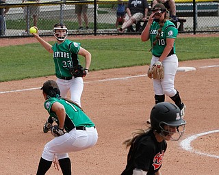 ROBERT K YOSAY  | THE VINDICATOR..West Branch Warriors - defeated Jonathan Alder Pioneers  - 5-4 where the lead changed hands several times ..#33 Peyton Alazaus....  picks up a bunt and throws the batter out as the game winds down.-30-