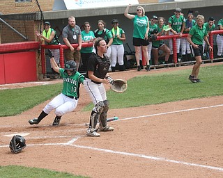 ROBERT K YOSAY  | THE VINDICATOR..West Branch Warriors - defeated Jonathan Alder Pioneers  - 5-4 where the lead changed hands several times .#13  Hannah  Sprague  tags home as Catcher -30-