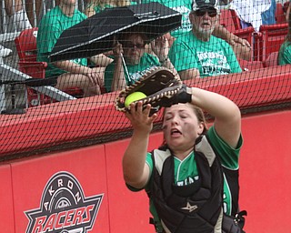 ROBERT K YOSAY  | THE VINDICATOR..West Branch Warriors - defeated Jonathan Alder Pioneers  - 5-4 where the lead changed hands several times ..Clutch play as catcher Sam Morris corrals a foul ball for an out......-30-