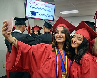 William D. Lewis  The Vindicator Campbell Grads Fotini Koullias, left, and Deena Diamandis nap a selfie before 5-31-18 commencement at Campbell HS.