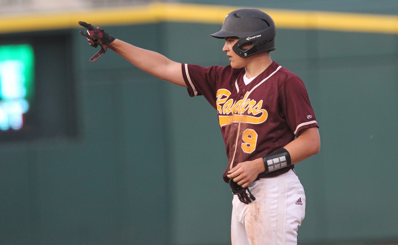 Jake Gehring (9) of South Range points to the dugout after hitting a 3-run double in the sixth inning during Thursday evenings State Semifinals matchup at Huntington Park in Columbus. Dustin Livesay  |  The Vindicator  5/31/18  Columbus