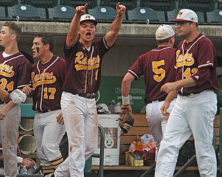 South Range freshman pitcher Jake Gehring (9) yells to his teammate in celebration during Thursday evenings State Semifinals matchup at Huntington Park in Columbus. Dustin Livesay  |  The Vindicator  5/31/18  Columbus