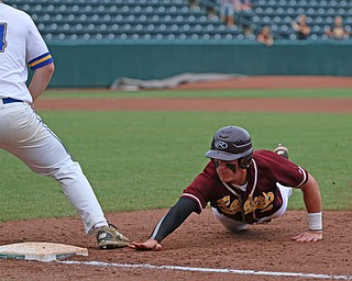 Brycen James (5) of South Range slides back to first beating the tag by Madeira's Jake Weiner (24) during Thursday evenings State Semifinals matchup at Huntington Park in Columbus. Dustin Livesay  |  The Vindicator  5/31/18  Columbus