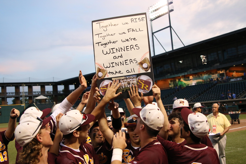 The South Range baseball team holds up a banner after defeating Madeira in the State semi finals matchup at Huntington Park in Columbus on Thursday evening. Dustin Livesay  |  The Vindicator  5/31/18  Columbus