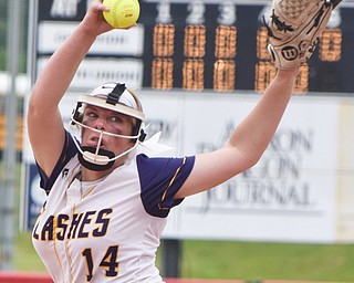 William D. Lewis Th Vindicator   Champion pitcher Spophie Howell(14) delivers during 6-1-18 win over North Union at Akron to advance to state championship game.