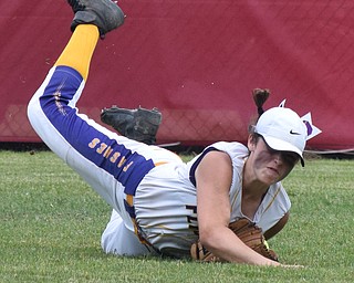 William D. Lewis Th Vindicator   Champion Emma Gumount(1) makes a diving catch in 7th inning  during 6-1-18 win over North Union at Akron to advance to state championship game.