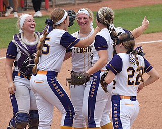 William D. Lewis Th Vindicator   Champion'pitcher Sophie Howell(14) center gets congrats from(lr) Gabby HollenbaughMegan TurnerAllisoin Smith and Carli Swipas after 6-1-18 win over North Union at Akron to advance to state championship game.