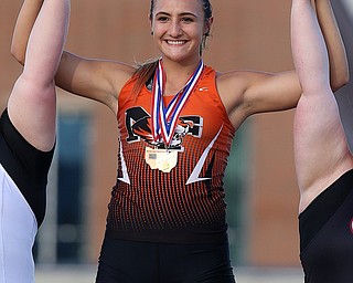 COLUMBUS, OHIO - JUne 1, 2018, OHSAA Track & Field Championships at Jesse Owens Stadium, Ohio State University-  D3 Newton Falls' Izzy Kline receives her medal for shotput.  SPECIAL TO | THE VINDICATOR