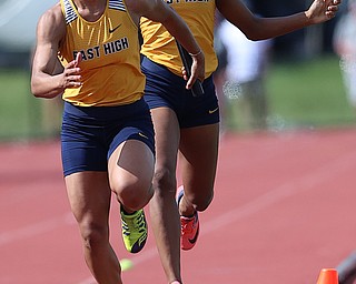 COLUMBUS, OHIO - June 2, 2018, OHSAA Track & Field Championships at Jesse Owens Stadium, Ohio State University-  D1 4x200m Youngstown East's Kyndia Matlock takes the baton from her teammate DeShante Allen during their 2nd place finish. SPECIAL TO | VINDICATOR