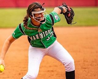 DIANNA OATRIDGE | THE VINDICATORÊ West Branch's Peyton Alazaus fields a bunt and throws to first during their Division II State Championship game versus Keystone. The Warriors lost 3-2 in 12 innings..