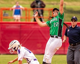 DIANNA OATRIDGE | THE VINDICATORÊ West Branch's Delaney Rito snags a throw to second base on a steal attempt by Keystone's Val Broschk during the Division II State Championship in Akron on Saturday. Keystone won 3-2 in 12 innings..