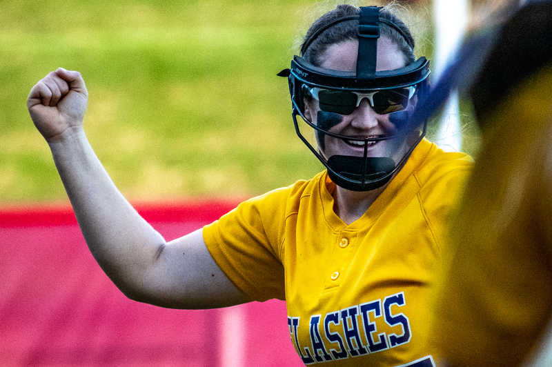 DIANNA OATRIDGE | THE VINDICATORÊ ÊChampion's Abby White celebrates after a double play during the Division III State Championship in Akron on Saturday..