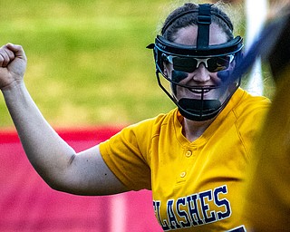 DIANNA OATRIDGE | THE VINDICATORÊ ÊChampion's Abby White celebrates after a double play during the Division III State Championship in Akron on Saturday..