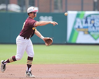 South Range freshman Jake Gehring (9) throws to first base during Saturday afternoons State Championship matchup at huntington Park in Columbus. Dustin Livesay  |  The Vindicator  6/2/18  Columbus
