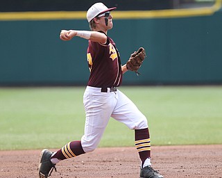 Brandon Youngs (27) of South Range throws the ball to first base for the force out during Saturday afternoons State Championship matchup at huntington Park in Columbus. Dustin Livesay  |  The Vindicator  6/2/18  Columbus