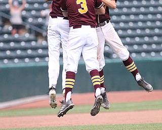 South Range teammates L-R) Sam Brooks, Mike Cunningham, and Brandon Youngs celebrate after youngs turned a double play during Saturday afternoons State Championship matchup at huntington Park in Columbus. Dustin Livesay  |  The Vindicator  6/2/18  Columbus