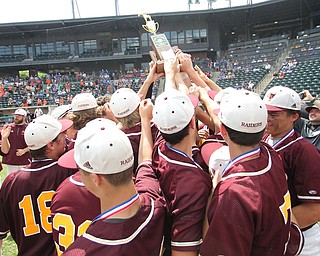 The South Range baseball team holds up the trophy after they won the State Championship on Saturday afternoon defeating Coldwater by a score of 3-2 at huntington Park in Columbus. Dustin Livesay  |  The Vindicator  6/2/18  Columbus