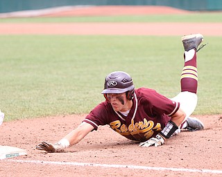 Brandon youngs (27) of South Range slides back to first base during Saturday afternoons State Championship matchup at huntington Park in Columbus. Dustin Livesay  |  The Vindicator  6/2/18  Columbus