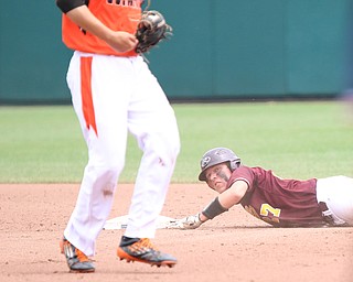 Brandon youngs (27) of South Range looks back at Coldwaters Sam Broering after slidingsafely into second base during Saturday afternoons State Championship matchup at huntington Park in Columbus. Dustin Livesay  |  The Vindicator  6/2/18  Columbus