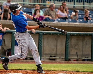 DIANNA OATRIDGE | THE VINDICATORÊ Struthers' Chad Laczko, from the Mahoning team, takes a swing during the All Star Classic at Eastwood Field in Niles on Friday.