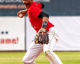 DIANNA OATRIDGE | THE VINDICATOR Mathews' shortstop Chris Ritz, throws to first base after fielding a ground ball to make an out for the Trumbull team during the All Star Classic at Eastwood Field in Niles on Friday.