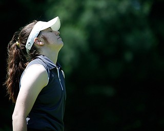 Marlie McConnell reacts to her hit during the Greatest Golfer junior qualifier on Thursday at Trumbull Country Club in Warren.