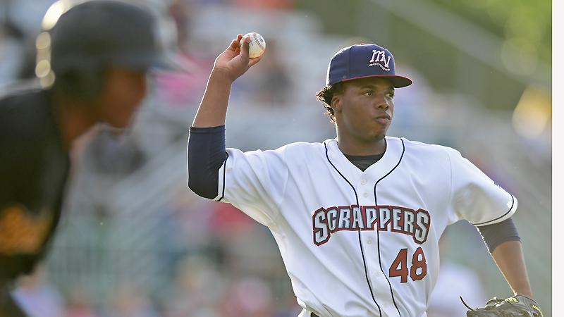 Scrappers starting pitcher Juan Mota in action Friday night at Eastwood Field in Niles.