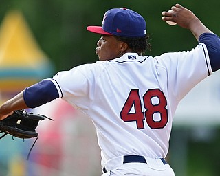 NILES, OHIO - JUNE 15, 2018: Mahoning Valley Scrappers tarting pitcher Juan Mota delivers in the first inning in a game against the West Virginia Black Bears, Friday night at Eastwood Field. DAVID DERMER | THE VINDICATOR