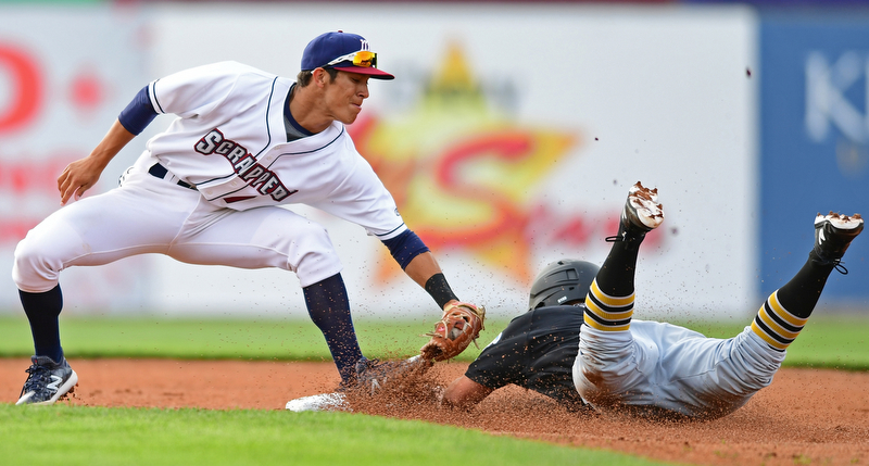 NILES, OHIO - JUNE 15, 2018: Mahoning Valley Scrappers' Tyler Freeman tags out West Virginia Black Bears' Brett Kinneman in the first inning, Friday night at Eastwood Field. DAVID DERMER | THE VINDICATOR