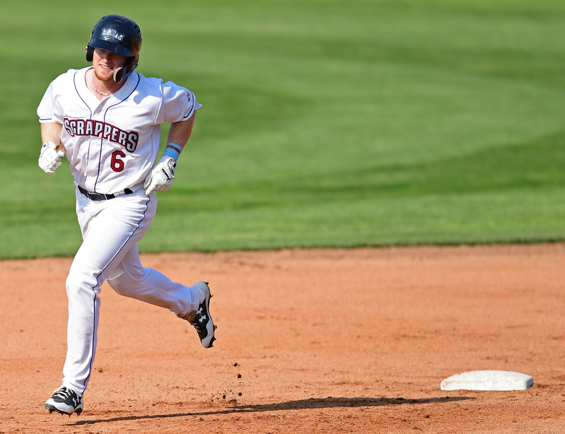 NILES, OHIO - JUNE 17, 2018: Mahoning Valley Scrappers' Mitch Reeves smiles as he runs the bases after hitting a two-run home run in the fifth inning of a baseball game against the West Virginia Black Bears, Sunday afternoon. The Scrappers won 10-9. DAVID DERMER | THE VINDICATOR
