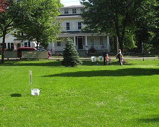 Neighbors | Zack Shively.Poland librarian Vikki Peck set up the Storywalk with single pages of "Pete the Cat: Rocking in My School Shoes" spread out on poster boards throughout the lawn in from of Town Hall. The families went to the different pages in order to read the full story.
