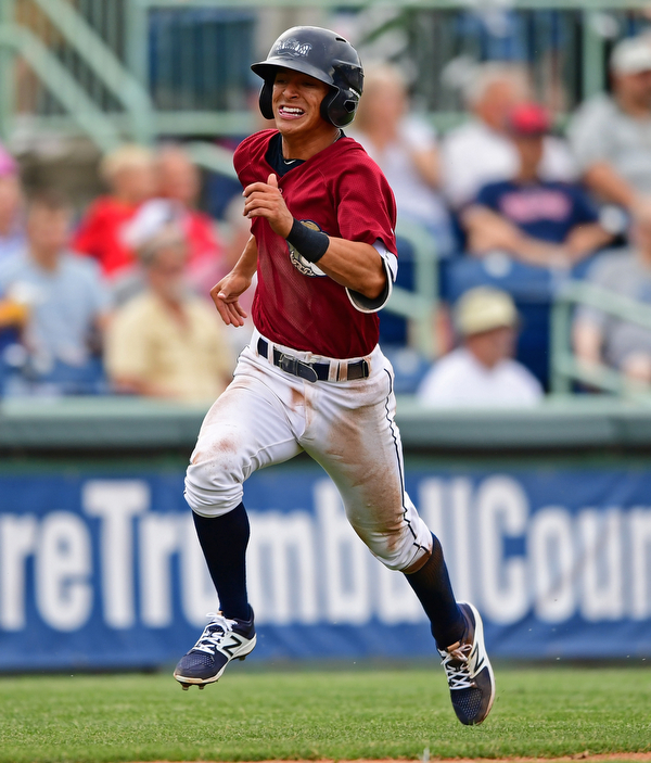 NILES, OHIO - JUNE 21, 2018: Mahoning Valley Scrappers' Tyler Freeman scores on a RBI single by Mitch Reeves in the third inning of a baseball game against the Auburn DoubleDays at Eastwood Field in Niles. DAVID DERMER | THE VINDICATOR