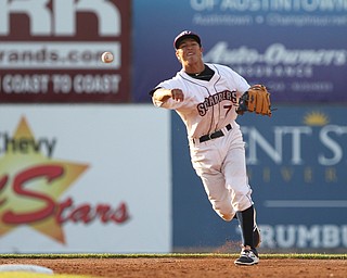 Scrappers second basemen Tyler Freeman throws to first base for an out during Monday evenings matchup against the Williamsport Crosscutters at Eastwood Field in Niles.