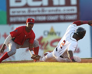 Hosea Nelson (2,right) of the Scrappers slides into second base unsuccessfully after being tagged out by Williamsports second basemen Bryan Gonzalez (2) during Monday evenings matchup against the Williamsport Crosscutters at Eastwood Field in Niles.