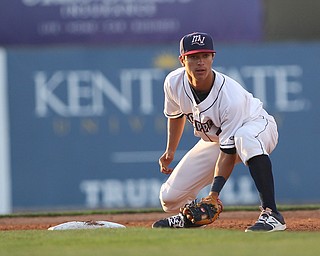 Mahoning Valley Scrappers second basemen Tyler Freeman (7) looks back the runner during Monday evenings matchup against the Williamsport Crosscutters at Eastwood Field in Niles.