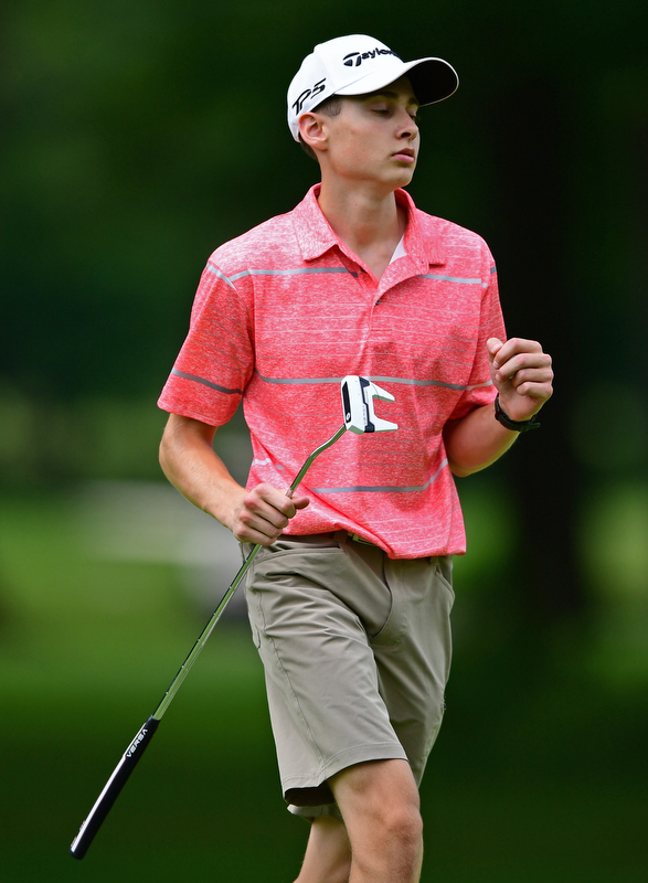 BOARDMAN, OHIO - JUNE 26, 2018: Patrick Kennedy of Boardman pumps his fist after making a putt on the 18th hole, Tuesday afternoon at Mill Creek Golf Course during the Vindy Greatest Golfer. DAVID DERMER | THE VINDICATOR