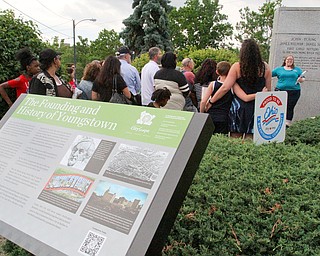 William D. Lewis The Vindicator  Traci Manning, right,curator of education at Tyler Mahoning Valley History Center, speaks to a gropup of people on a walking tour of downtown Youngstown as part of a birthday celebration for the city.