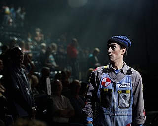 Nathan Cooper reacts to members of the audience throwing snow balls at him before the start of Cirque Du Soleil Crystal in Covelli Centre on Wednesday.